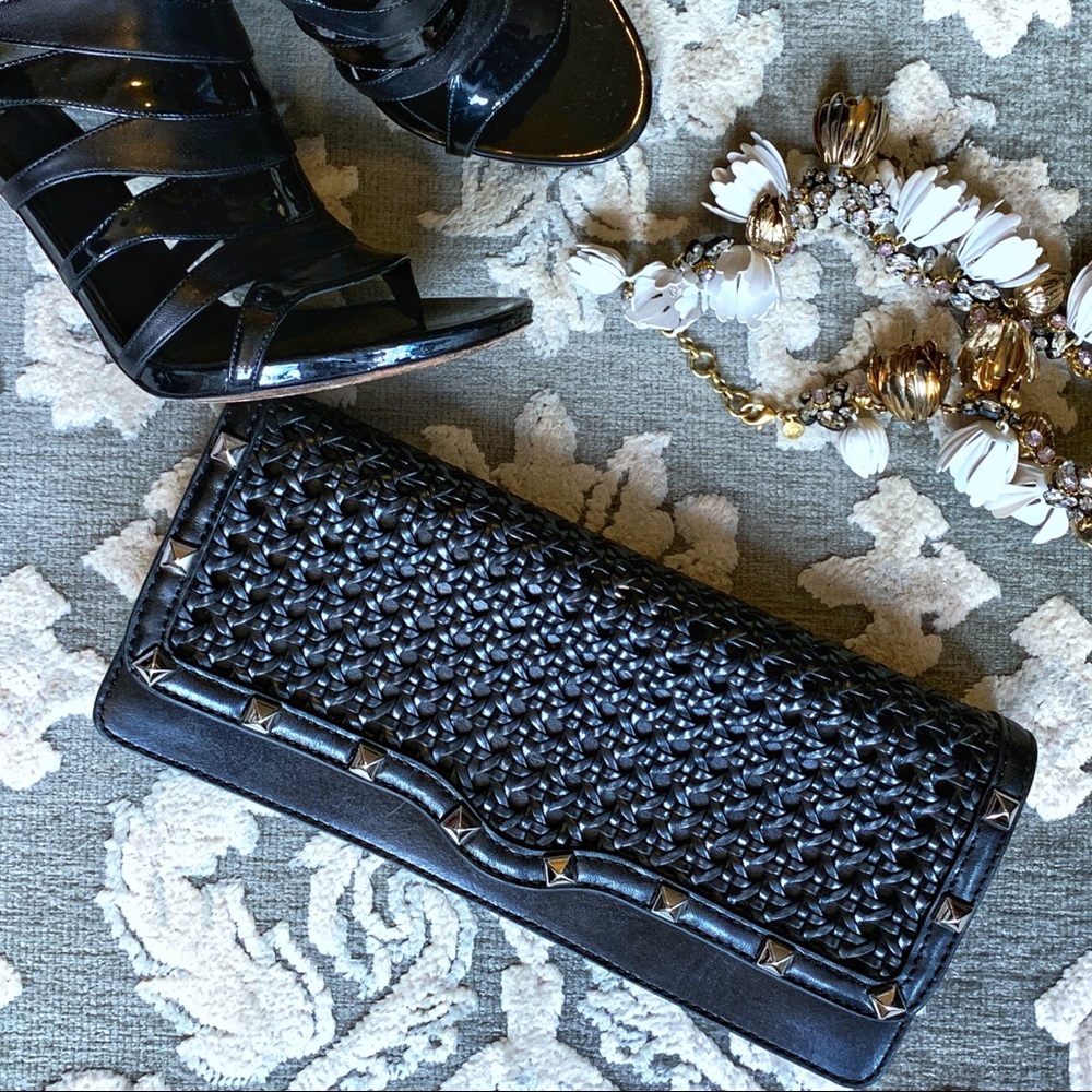 Rebecca Minkoff Leather Woven Studded Black Clutch